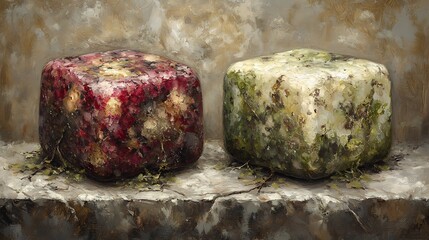 Wall Mural - Moody still life: Two decaying cubes rest on stone shelf soft light enhances textured surfaces. AI Generated