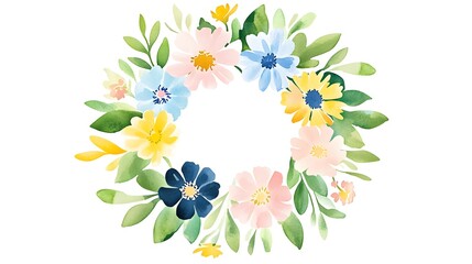 Wall Mural - Watercolor floral wreath illustration with delicate pastel color flowers