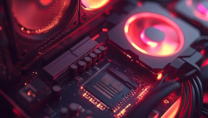 Aufkleber - Illuminated PC motherboard, fans glow red, circuit board close-up.  Possible use  tech background