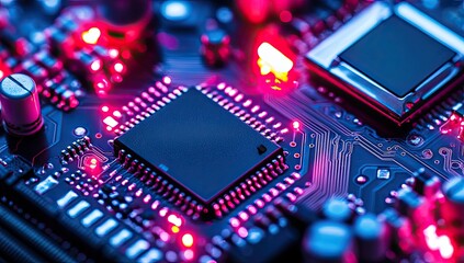 Poster - Close-up illuminated circuit board with processor