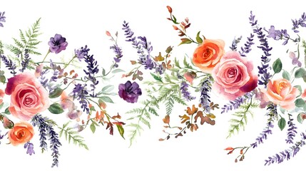 Wall Mural - Watercolor painting displaying roses lavender and ferns on white background