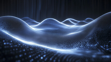 Poster - futuristic digital landscape with glowing wave like structures and dark background. image conveys sense of technology and innovation, with focus on light and texture