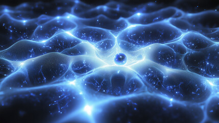 Poster - glowing blue network of interconnected nodes and lines creates futuristic digital landscape, evoking sense of advanced technology and connectivity