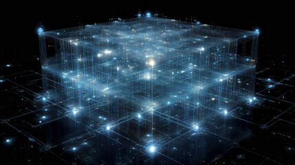 Poster - glowing digital cube structure with interconnected lines and nodes, representing futuristic network or data system, set against dark background
