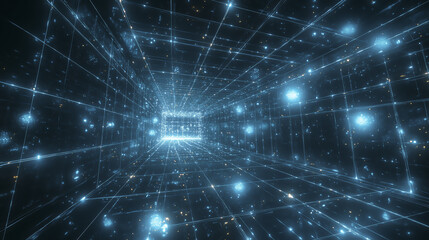 Poster - glowing digital tunnel with grid pattern and bright lights creates futuristic and immersive atmosphere, suggesting journey through cyberspace or virtual reality environment