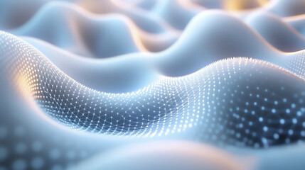 Poster - digital landscape of smooth, flowing waves with grid of glowing dots creates futuristic and abstract scene. soft colors and light effects enhance sense of depth and movement