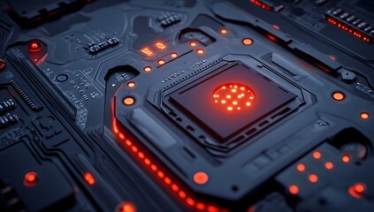 Poster - High-tech CPU on circuit board with glowing LEDs