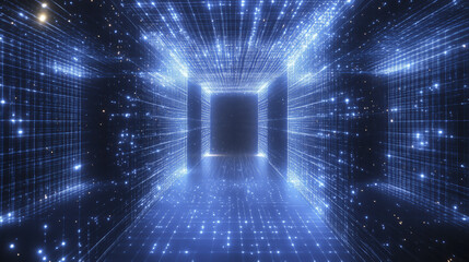Poster - glowing digital tunnel with blue lights and grid patterns creates futuristic atmosphere, evoking sense of technology and innovation