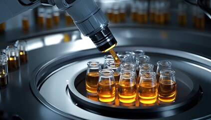 Poster - Robotic arm dispensing liquid into vials in a futuristic lab setting