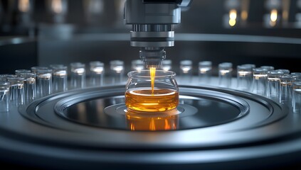 Poster - Automated lab equipment pours liquid into jar, surrounded by test tubes