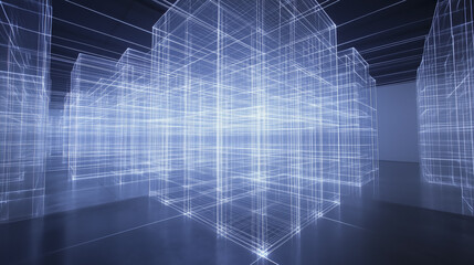 Poster - futuristic digital cityscape with glowing wireframe structures and reflective floor creates sense of depth and innovation