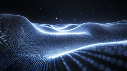 Poster - digital landscape of glowing, undulating waves composed of countless small dots creates futuristic and abstract scene. image evokes sense of motion and technology