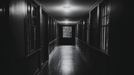 Poster - Eerily Lit Hallway Featuring Windows and Doors in an Old Building with a Creepy Ambience