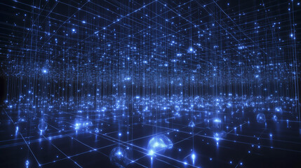 Poster - digital network of glowing blue nodes and lines creates futuristic, immersive space. interconnected grid suggests complex web of data and technology, evoking sense of innovation and connectivity