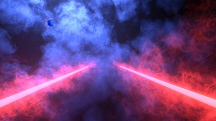 Poster - Bright red and blue laser beams cross through heavy fog, creating a futuristic concert setting.