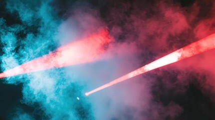 Poster - Bright red and blue laser beams cross through heavy fog, creating a futuristic concert setting.
