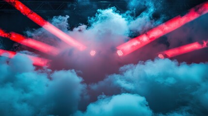 Poster - Bright red and blue laser beams cross through heavy fog, creating a futuristic concert setting.