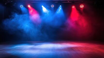 Aufkleber - Bright red and blue laser lights intersect, illuminating a hazy dance floor with dynamic energy.