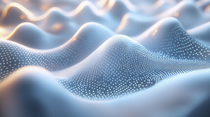 Poster - futuristic digital landscape with glowing dots forms wavy surface, creating sense of motion and innovation