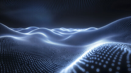 Poster - digital landscape of glowing waves and dots creates futuristic and abstract scene. image features dark background with illuminated patterns resembling network or grid, evoking sense of technology