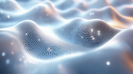Poster - futuristic digital landscape with glowing particles and smooth waves creates serene and ethereal atmosphere. abstract design suggests blend of technology and nature, evoking sense of innovation