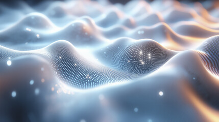 Poster - digital landscape of undulating waves with glowing particles creates futuristic and ethereal atmosphere. smooth, flowing forms are illuminated by soft, ambient light, enhancing sense of depth and