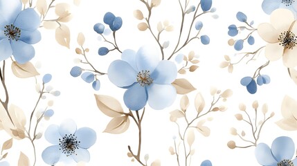 Wall Mural - Watercolor painting features blue and beige flowers with stems