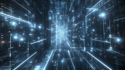 Poster - futuristic digital tunnel with glowing lines and lights creates sense of depth and motion, symbolizing concept of digital future and technology