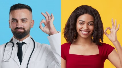 Poster - Two healthcare professionals express a positive gesture, symbolizing diversity in the medical field. The background is bright, emphasizing their connection to healthcare and lifestyle choices.