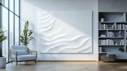 Wall Mural - A modern interior featuring a textured white wall art piece, plants, and bookshelves.