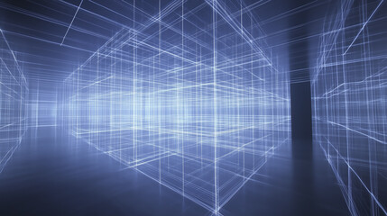 Poster - digital grid of interconnected lines forms futuristic, glowing network in virtual space