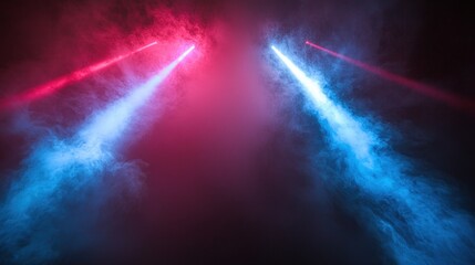 Aufkleber - Dynamic red and blue laser beams crisscross through thick stage smoke, creating a high-energy concert background