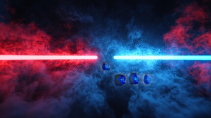 Aufkleber - Dynamic red and blue laser beams crisscross through thick stage smoke, creating a high-energy concert background