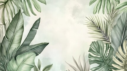 Wall Mural - Various tropical leaves surround a faded light green center