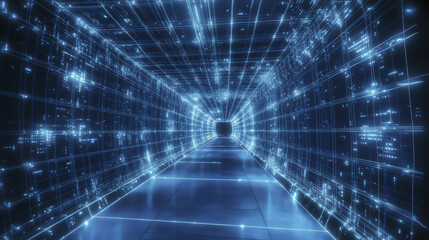 Poster - glowing digital tunnel with blue lights and grid patterns creates futuristic atmosphere, suggesting journey through cyberspace or virtual reality environment