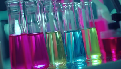 Poster - Colorful test tubes in lab, various liquids, research