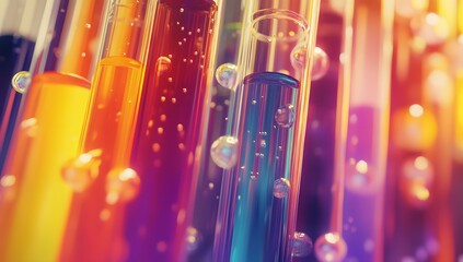 Poster - Colorful test tubes in lab, bubbling liquids, vibrant background. Stock image for science, research