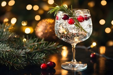 snow globe cocktail with rosemary tree and festive details. holiday drink. copy space