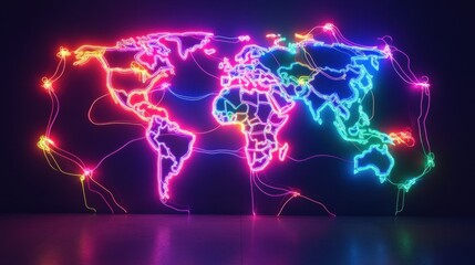 Wall Mural - futuristic world map with neon paths linking continents, symbolizing the complexity of global trade 