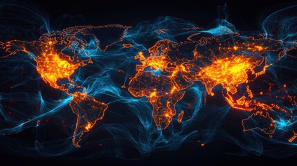 Poster - Global trade network visualization with bright, glowing paths overlaid on a detailed political map, showing data flow and commerce.