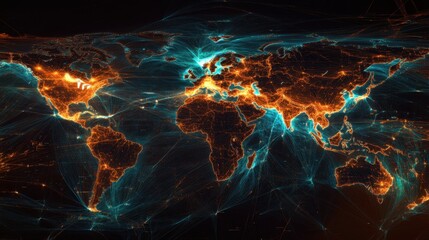 Poster - Global trade network visualization with bright, glowing paths overlaid on a detailed political map, showing data flow and commerce.