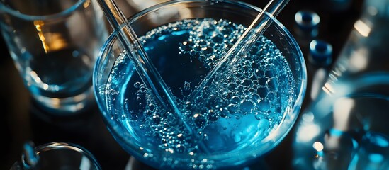 Poster - Lab Glassware with Blue Liquid and Bubbles