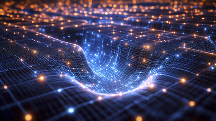 Poster - digital landscape of interconnected glowing nodes and grid lines creates futuristic and dynamic visual, suggesting network or data flow concept