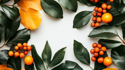 Wall Mural - Autumn leaves and berries frame a bright white background creating a vibrant fall composition. AI Generated