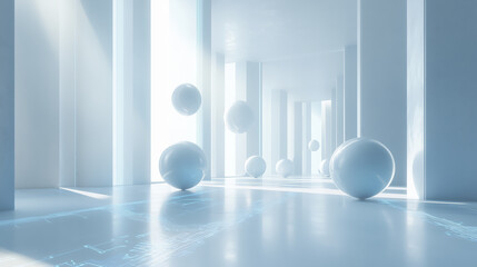 Poster - Futuristic white hallway with floating spheres and digital floor patterns, creating serene and modern atmosphere
