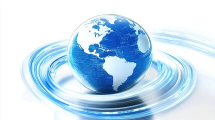 Fototapete - High-tech digital world globe with swirling blue and white data lines, depicting real-time information exchange across continents.