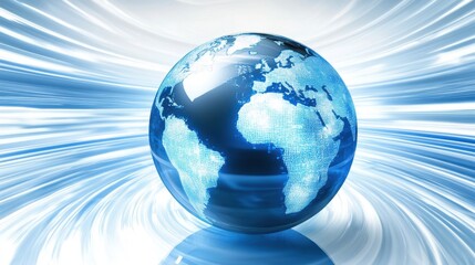 Fototapete - High-tech digital world globe with swirling blue and white data lines, depicting real-time information exchange across continents.