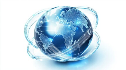 Fototapete - High-tech digital world globe with swirling blue and white data lines, depicting real-time information exchange across continents.