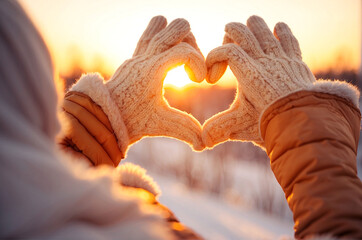 Woman hands in winter gloves Heart symbol shaped Lifestyle and Feelings concept with sunset light nature on background