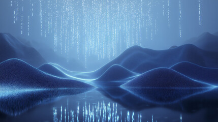 Poster - serene digital landscape with glowing blue hills and cascading light patterns reflects on calm surface, evoking futuristic and tranquil atmosphere
